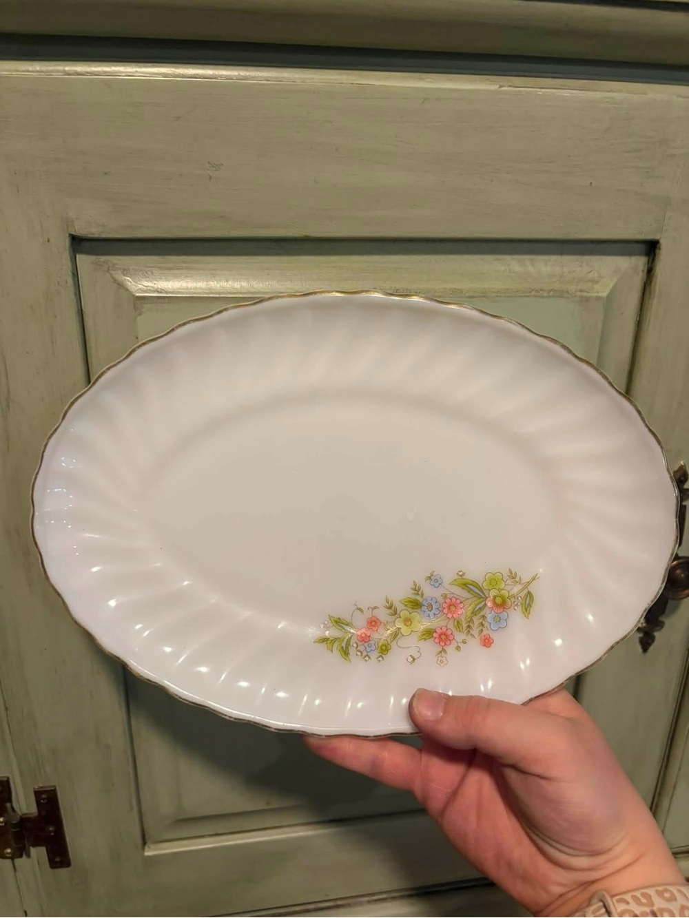 Vintage Milk Glass Floral Rim Porcelain Serving Platter with Gold Trim